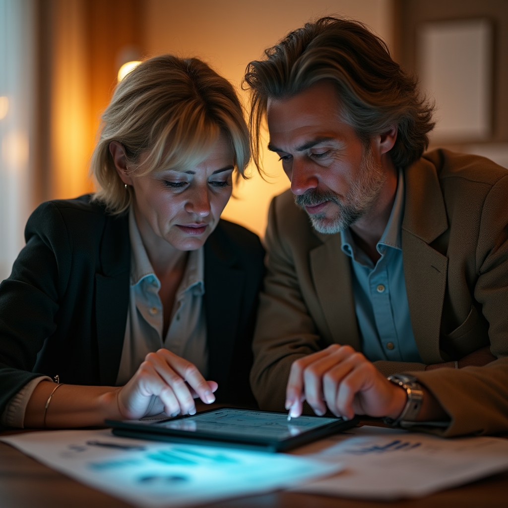 Zwei Personen besprechen gemeinsam eine Finanzübersicht am Tisch mit Notizen und Tablet