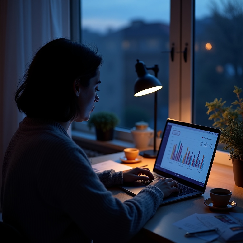 Person organisiert digitale Finanzübersicht am Laptop in ruhiger Lernumgebung