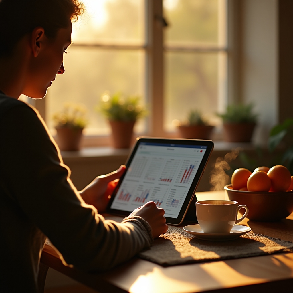 Person prüft am Küchentisch mit Kaffee die monatliche Finanzübersicht am Tablet